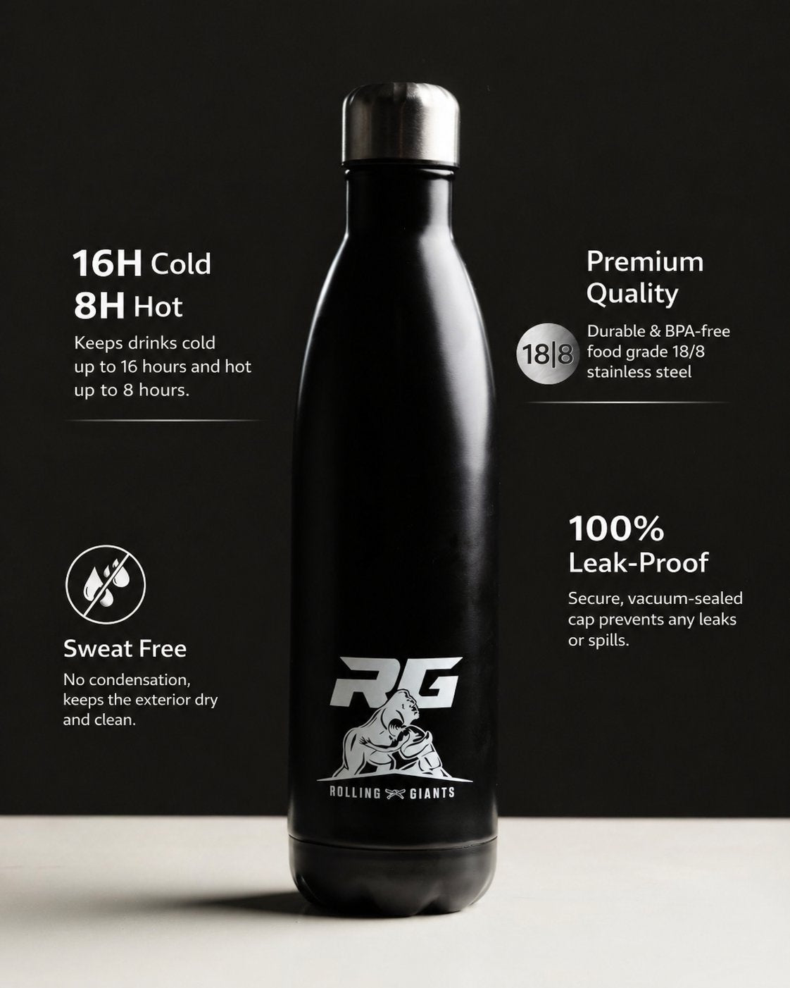 Black RG stainless steel insulated water bottle, 750ml, with a sleek design and secure lid, ideal for keeping drinks cold or hot.