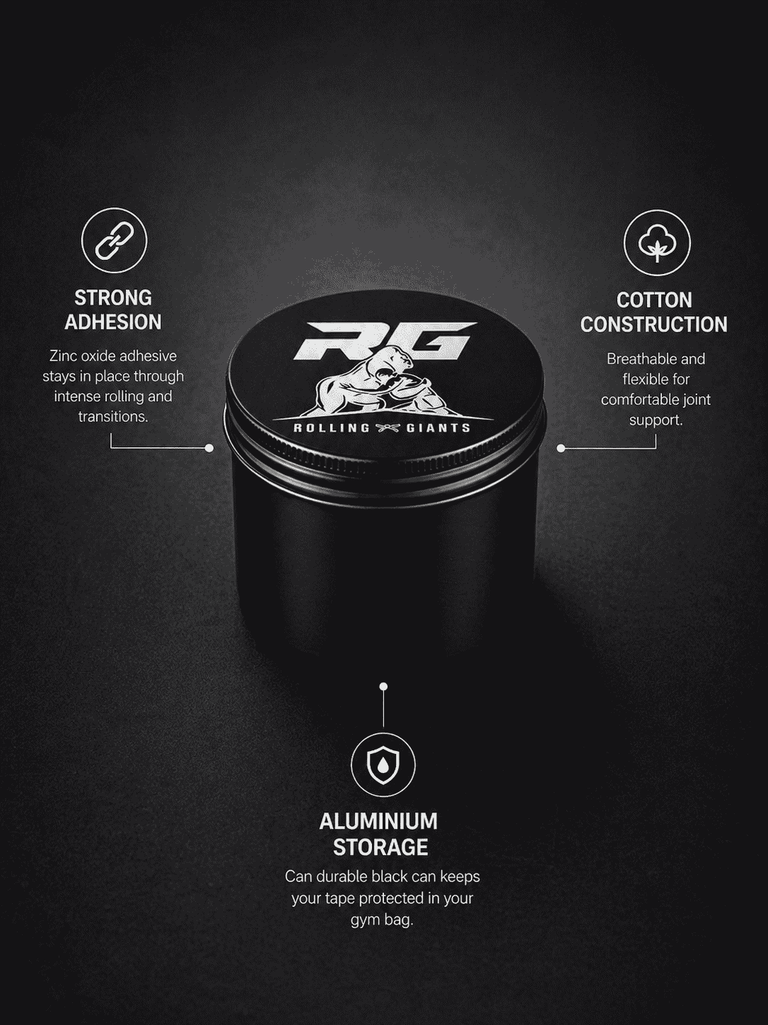 Black RG Cotton Zinc Oxide Finger Tape by Rolling-Giants, shown in four rolls, designed for finger support and protection.
